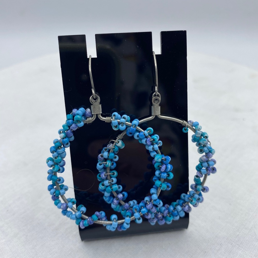 Blue Multi Beaded Wire Wrapped Hoop Earrings Boho Artisan Hippie Ethnic Gypsy